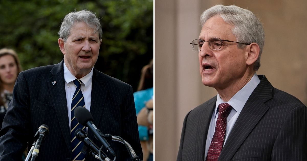 Sen. John Kennedy, left, speaks at a news conference on Oct. 7 in Washington, D.C. Attorney General Merrick Garland speaks during an event at the Department of Justice on Friday in Washington, D.C.