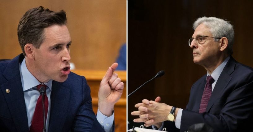 Sen. Josh Hawley, left, speaks during a Senate Judiciary Committee hearing on Capitol Hill in Washington, D.C., on Wednesday. Attorney General Merrick Garland testifies at a Senate Judiciary Committee hearing on Capitol Hill in Washington, D.C., on Wednesday.