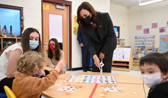 Vice President Kamala Harris plays bingo with children as she visits the Ben Samuels Children's Center at Montclair State University in Little Falls, New Jersey, on Friday.