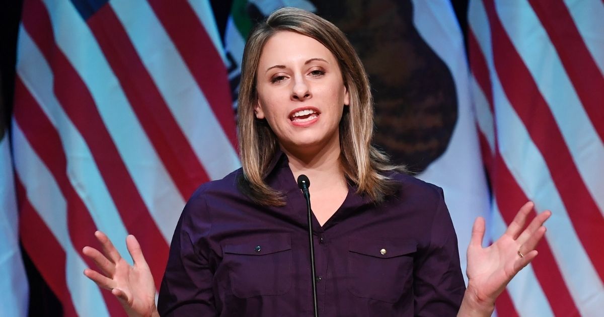 Then-Democratic congressional candidate Katie Hill speaks at a campaign rally before the mid-term elections in Santa Clarita, California, on Nov. 3, 2018.