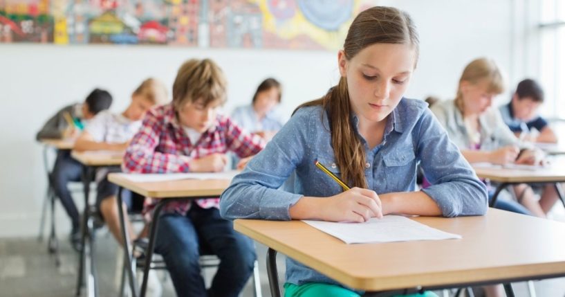 This stock image shows kids taking a test in a classroom. The 2020 National Sex Education Standards for public schools was recently released, providing guidance suggesting middle school students should be well-versed in different types of sex and sexual orientation.