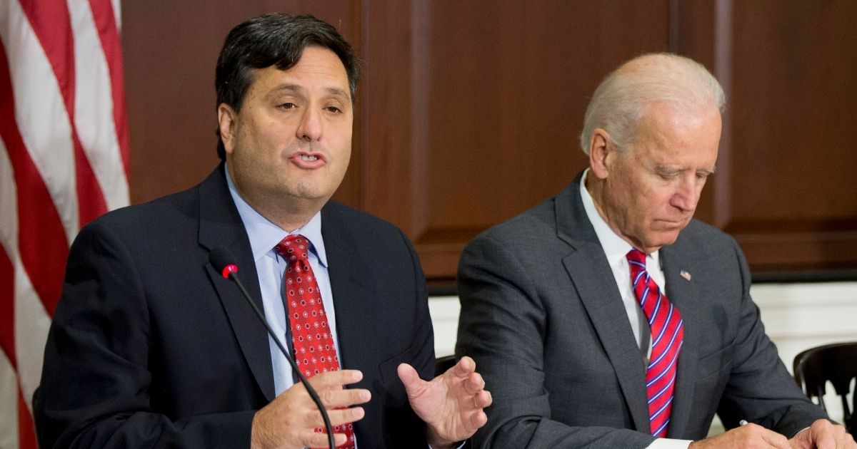 Ron Klain, left, accompanied by then-Vice President Joe Biden, speaks during a meeting in the Eisenhower Executive Office Building on the White House compound in Washington on Nov. 13, 2014.