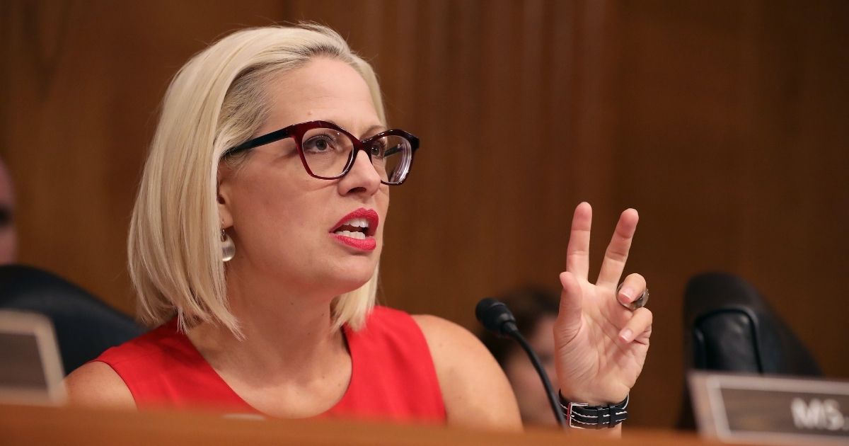 Senate Aviation and Space Subcommittee ranking member Sen. Kyrsten Sinema questions witnesses during a hearing on Capitol Hill on May 14, 2019, in Washington, D.C.