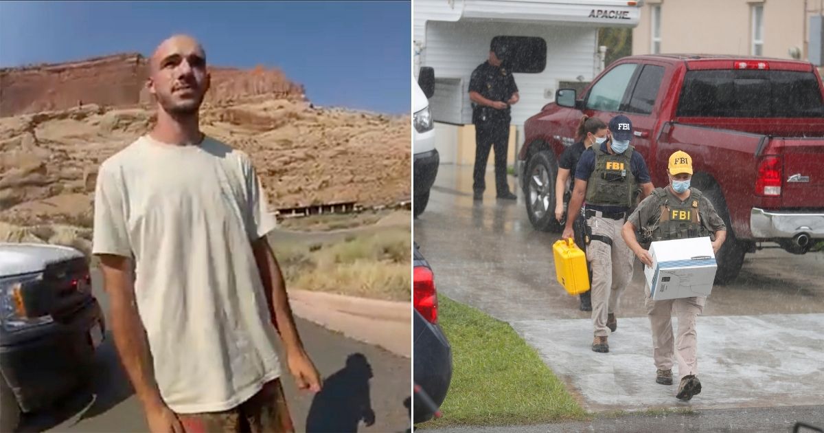 Left: An Aug. 12, 2021, file photo from video provided by the Moab, Utah, Police Department shows Brian Laundrie talking to a police officer after police pulled over the van he was traveling in with his girlfriend, Gabrielle "Gabby" Petito, near the entrance to Arches National Park in Utah. Right: FBI agents begin to take away evidence from the family home of Laundrie on Sept. 20, 2021 in North Port, Florida.