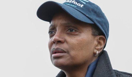 Then-mayoral candidate for Chicago Lori Lightfoot speaks to the media outside of the polling place at the Saint Richard Catholic Church in Chicago, on April 2, 2019.