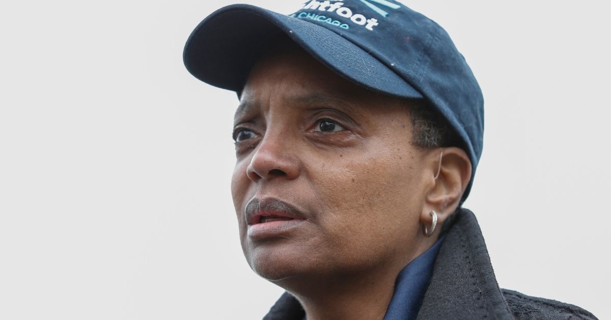 Then-mayoral candidate for Chicago Lori Lightfoot speaks to the media outside of the polling place at the Saint Richard Catholic Church in Chicago, on April 2, 2019.