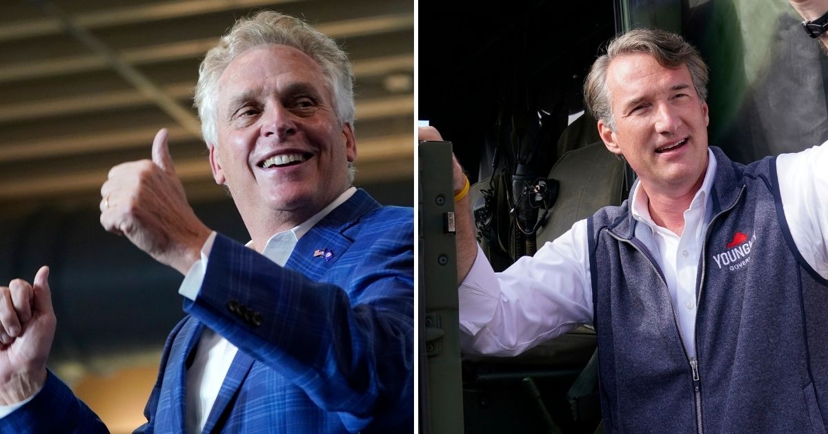 Former Democratic governor Terry McAuliffe, left, speaks during a rally on Friday in Norfolk, Virginia. Gubernatorial candidate Glenn Youngkin, right, attends an airshow in Fredericksburg, Virginia on Saturday.
