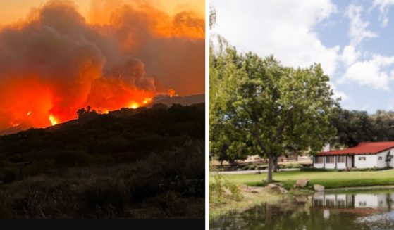 The Reagan Ranch is shown in happier times at right, and as a wildfire burns close to the late president's property.