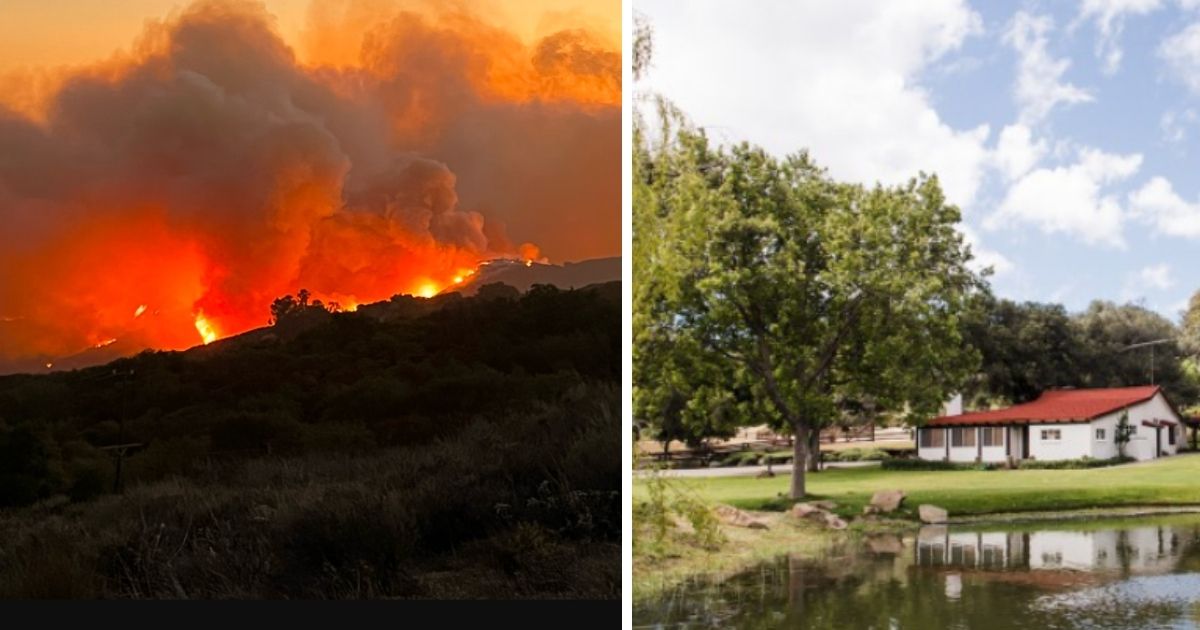 The Reagan Ranch is shown in happier times at right, and as a wildfire burns close to the late president's property.