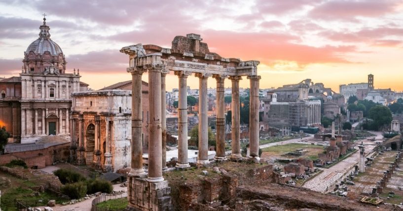 The remains of the Roman Forum are seen in Rome.