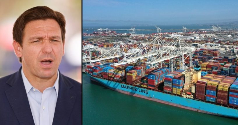 Florida Gov. Ron DeSantis, left, speaks to the media on July 3 in Surfside, Florida. A container ship sits at the Port of Oakland on Sept. 9 in Oakland, California.