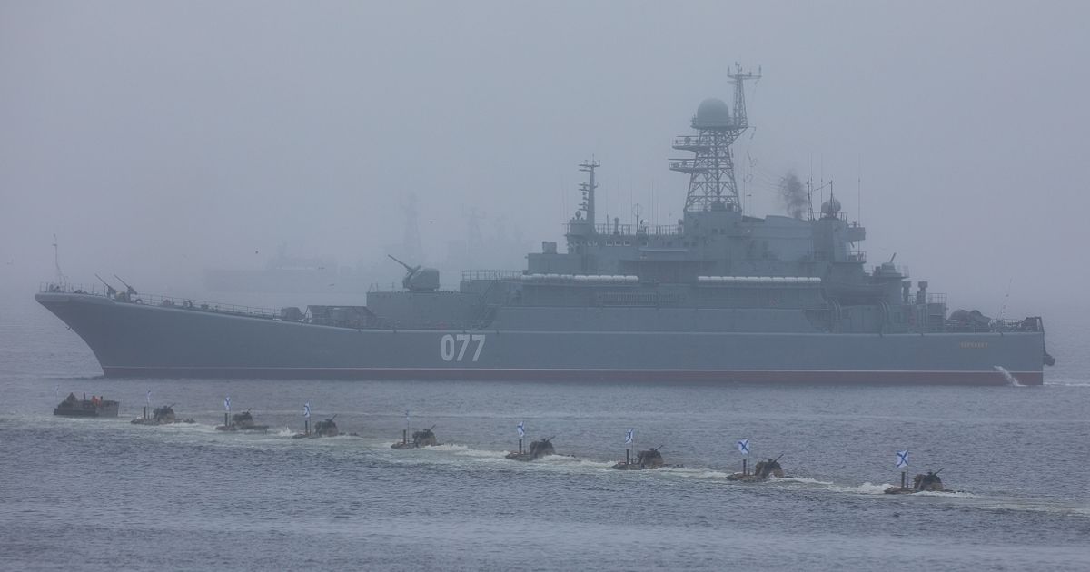 Russian naval vessels participate in the Navy Day celebration off the coast of Vladivostok on July 28, 2019.