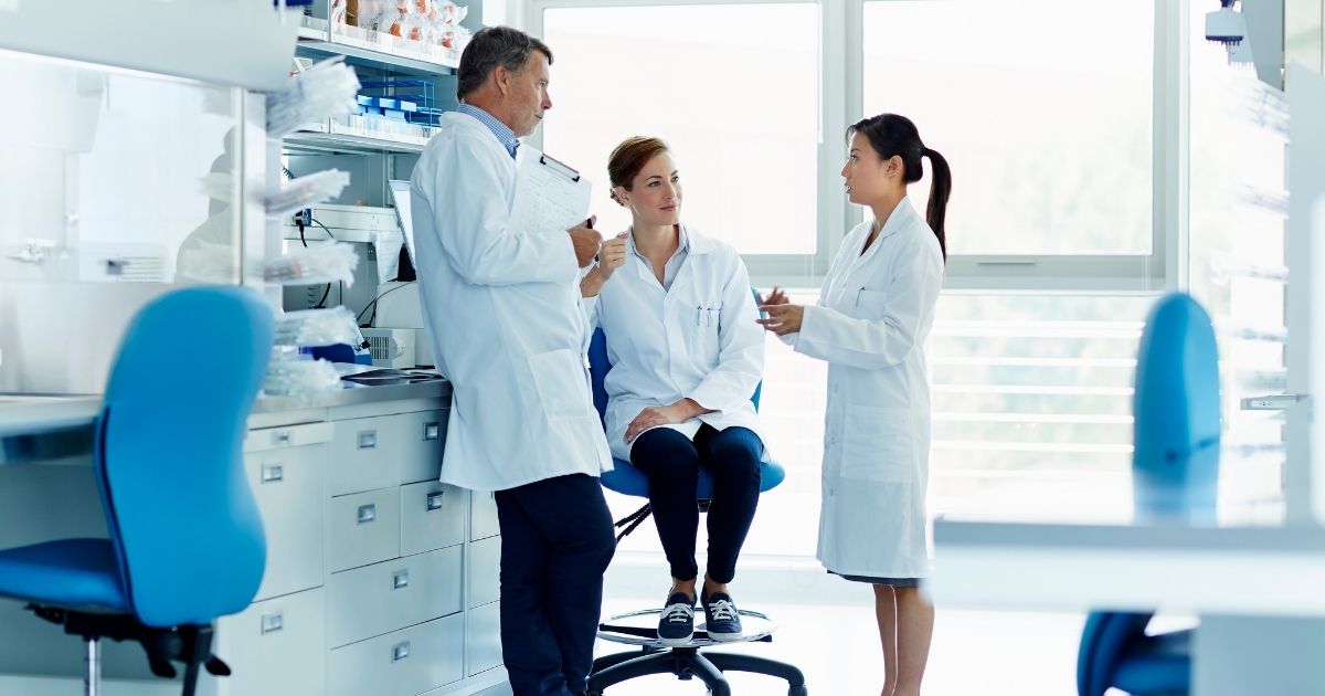 Researchers are seen in a lab in the stock image above.
