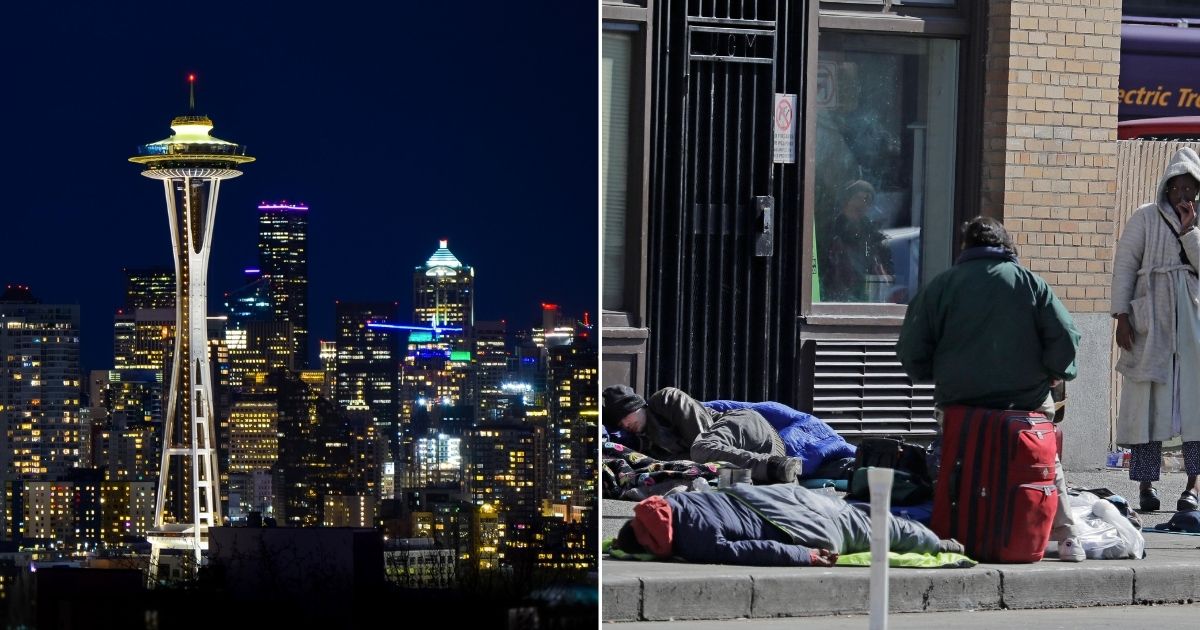At left, the Space Needle is seen in a photo of the Seattle skyline. At right, people gather on the sidewalk in front of the Union Gospel Mission in downtown Seattle on March 20, 2020.