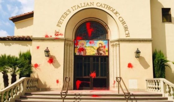 St. Peter’s Italian Catholic Church in downtown Los Angeles was found vandalized on Monday, seemingly in protest of Columbus Day.
