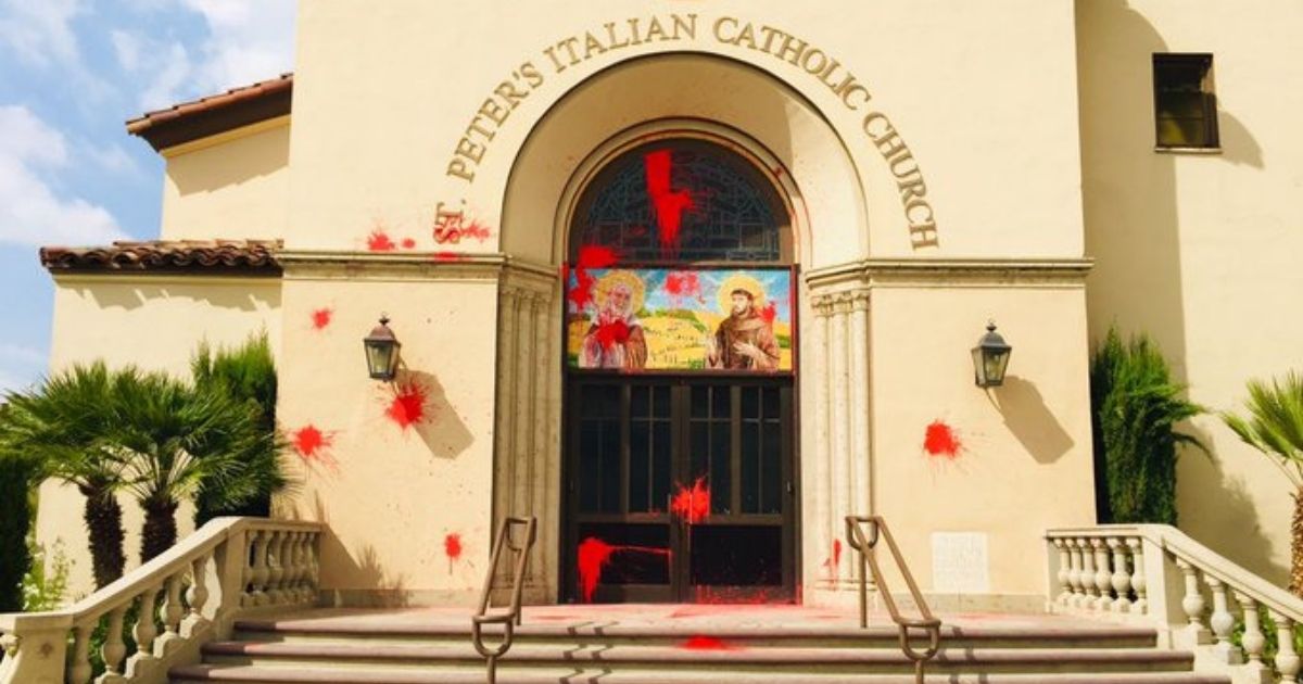 St. Peter’s Italian Catholic Church in downtown Los Angeles was found vandalized on Monday, seemingly in protest of Columbus Day.
