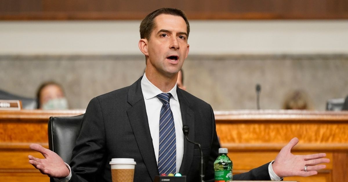 Republican Sen. Tom Cotton of Arkansas speaks during a Senate Armed Services Committee hearing on Capitol Hill on Sept. 28 in Washington, D.C.