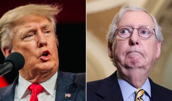 At left, former President Donald Trump speaks during the Conservative Political Action Conference at the Hilton Anatole in Dallas on July 11. At right, Senate Minority Leader Mitch McConnell talks to reporters at the U.S. Capitol in Washington on Sept. 21.