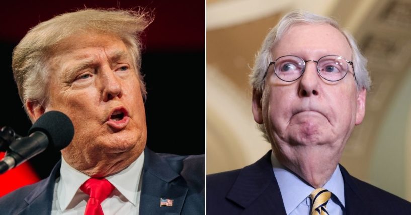 At left, former President Donald Trump speaks during the Conservative Political Action Conference at the Hilton Anatole in Dallas on July 11. At right, Senate Minority Leader Mitch McConnell talks to reporters at the U.S. Capitol in Washington on Sept. 21.