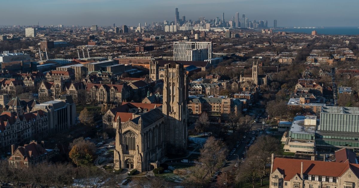 A stock photo shows the Rockefeller Chapel stands on the University of Chicago campus in Chicago.