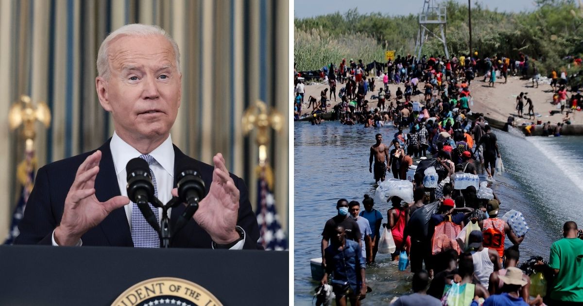 President Joe Biden, left; Haitians crossing the Rio Grande, right.