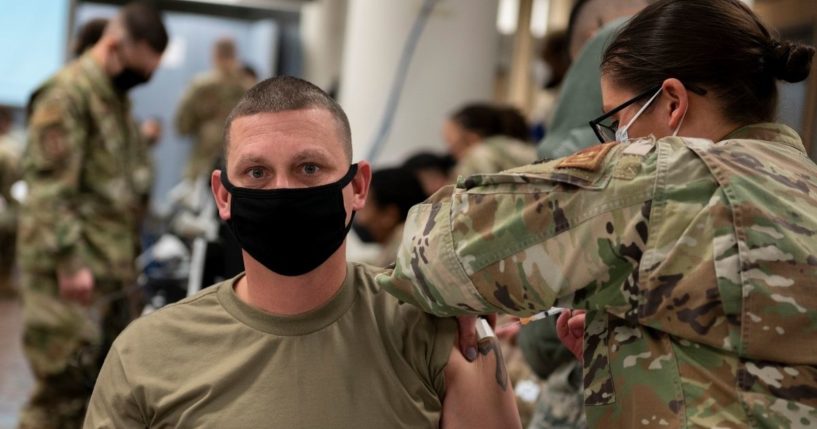 An Air Force sergeant gets a dose of the Moderna COVID-19 vaccination in a December file photo at Osan Air Base in Pyeongtaek, South Korea.