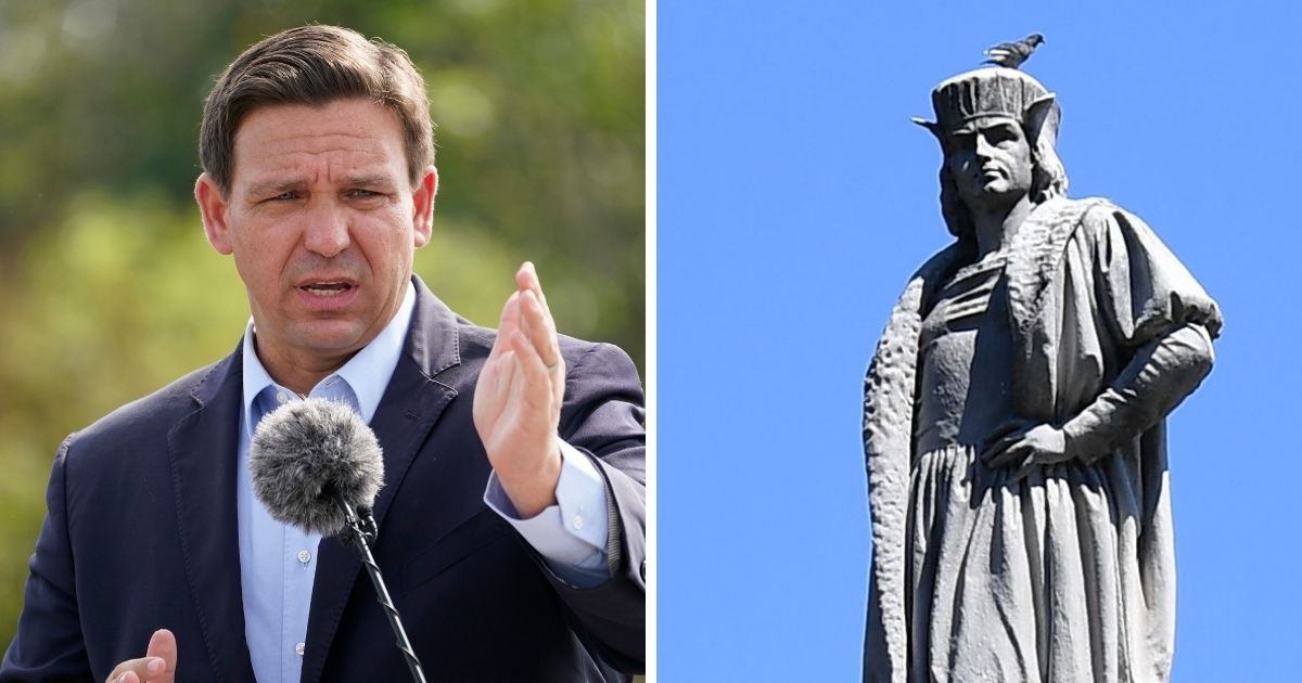Florida Gov. Ron DeSantis, left; right, the statue of Christopher Columbus in New York City's Columbus Circle.