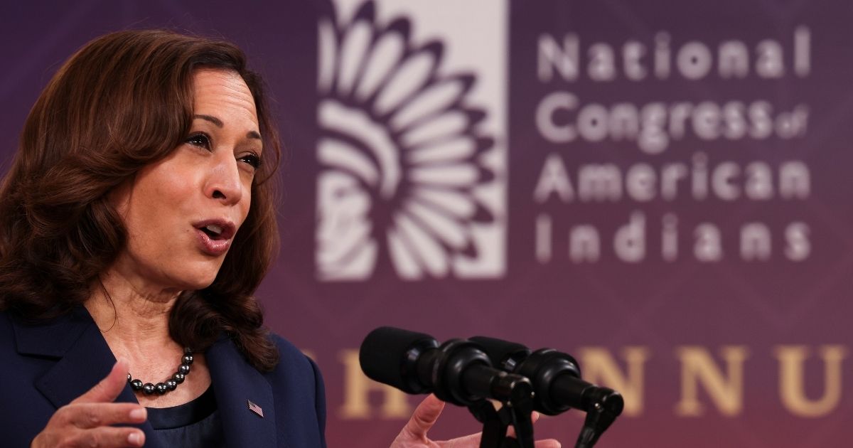 Vice President Kamala Harris delivers remarks at the National Congress of American Indians' 78th annual convention in the Eisenhower Executive Office Building in Washington, D.C., on Oct. 12, 2021.
