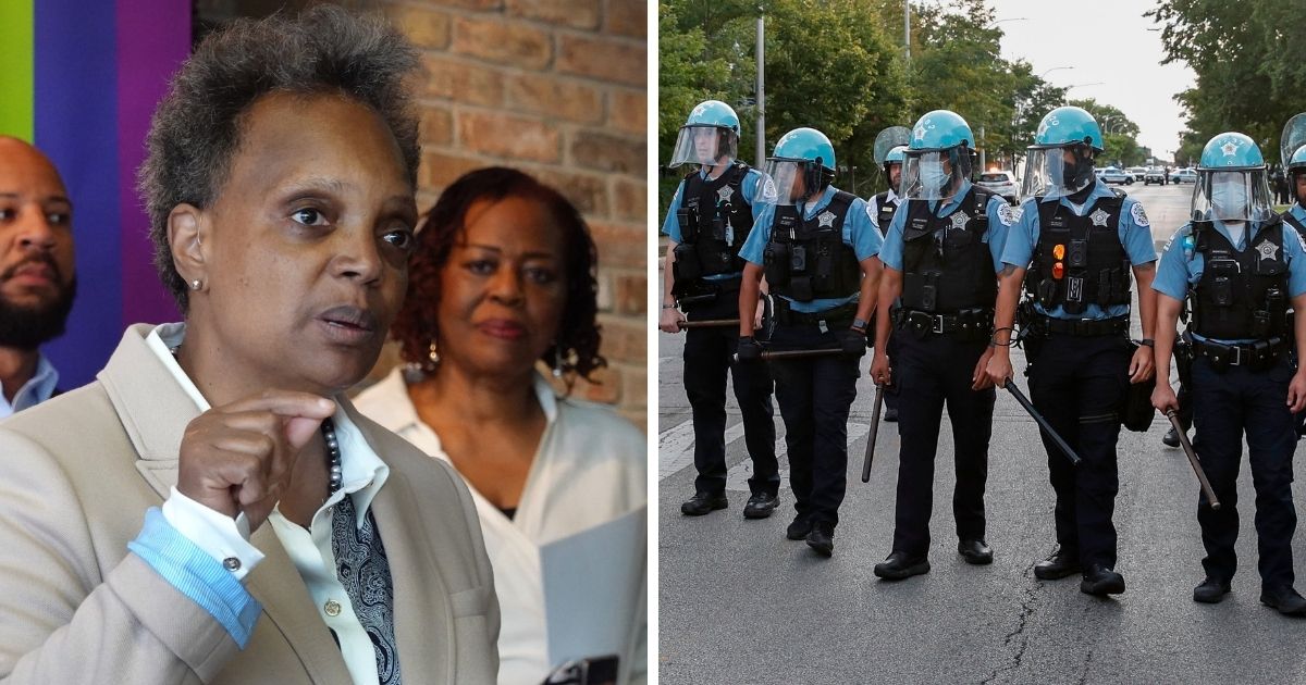 Chicago Mayor Lori Lightfoot, left; Chicago police officers, right.