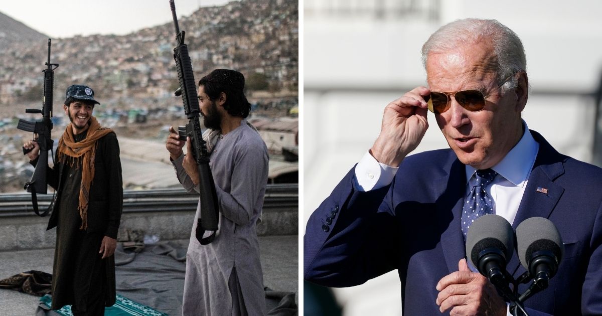 Left: Taliban fighters pictured in Kabul, Afghanistan, on Tuesday. Right: President Joe Biden dons sunglasses outside the White House on Monday.