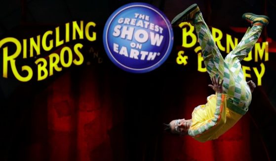A Ringling Bros. and Barnum Bailey clown does a somersault during a performance in Orlando, Florida, on Jan. 14, 2017.