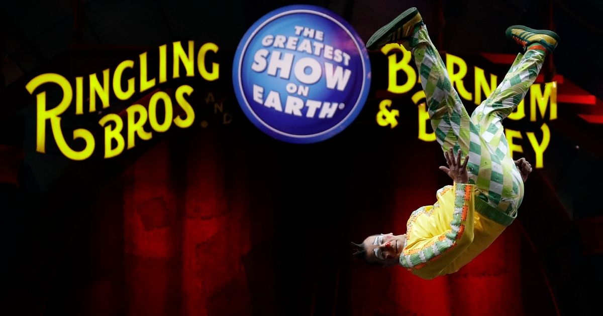 A Ringling Bros. and Barnum Bailey clown does a somersault during a performance in Orlando, Florida, on Jan. 14, 2017.