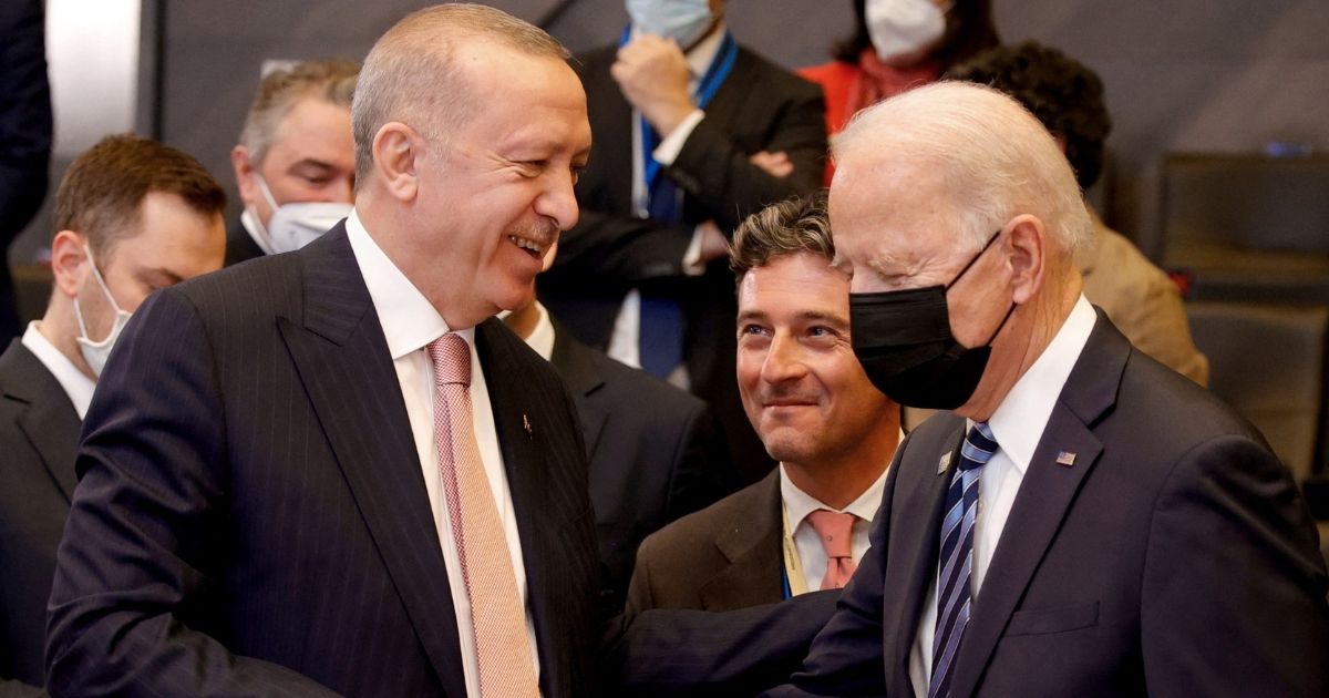 President Joe Biden speaks with Turkish President Recep Tayyip Erdogan at the North Atlantic Treaty Organization headquarters in Brussels on June 14.
