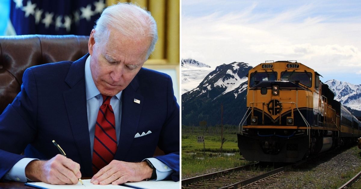 President Joe Biden signing an executive order, left; an Alaska Railroad train, right.