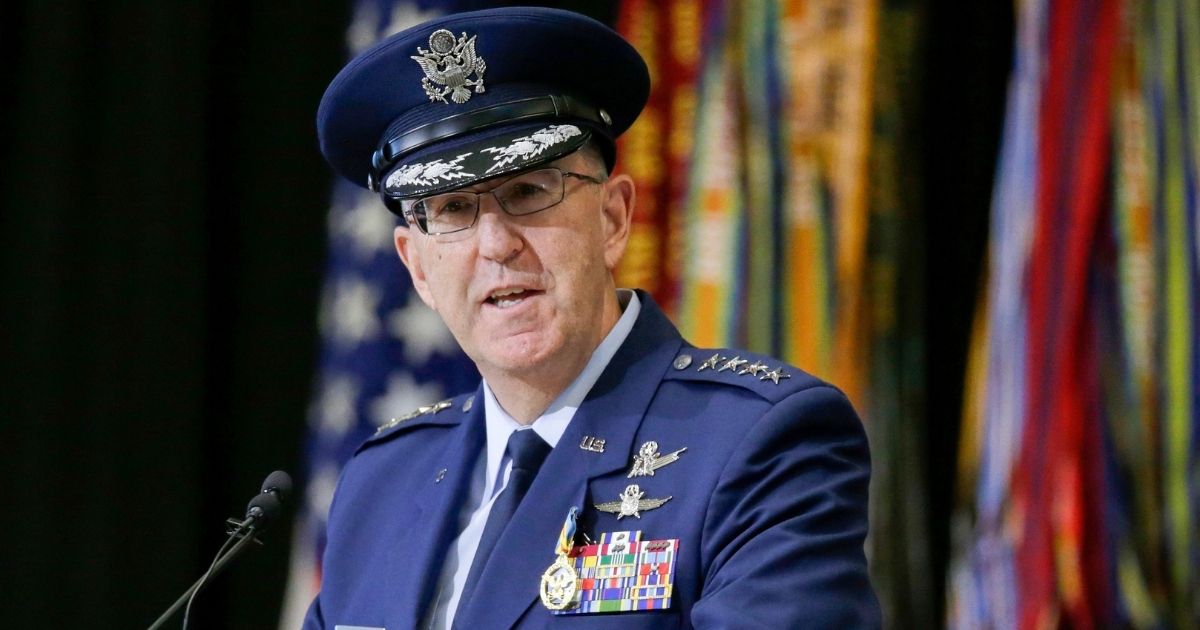 Gen. John Hyten, currently vice chairman of the Joint Chiefs of Staff, speaks during a change of command ceremony at Offutt Air Force Base in Nebraska on Nov. 18, 2019.