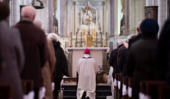 A French bishop is seen leading mass in the Cathedral of Lucon in western France, on March 14.