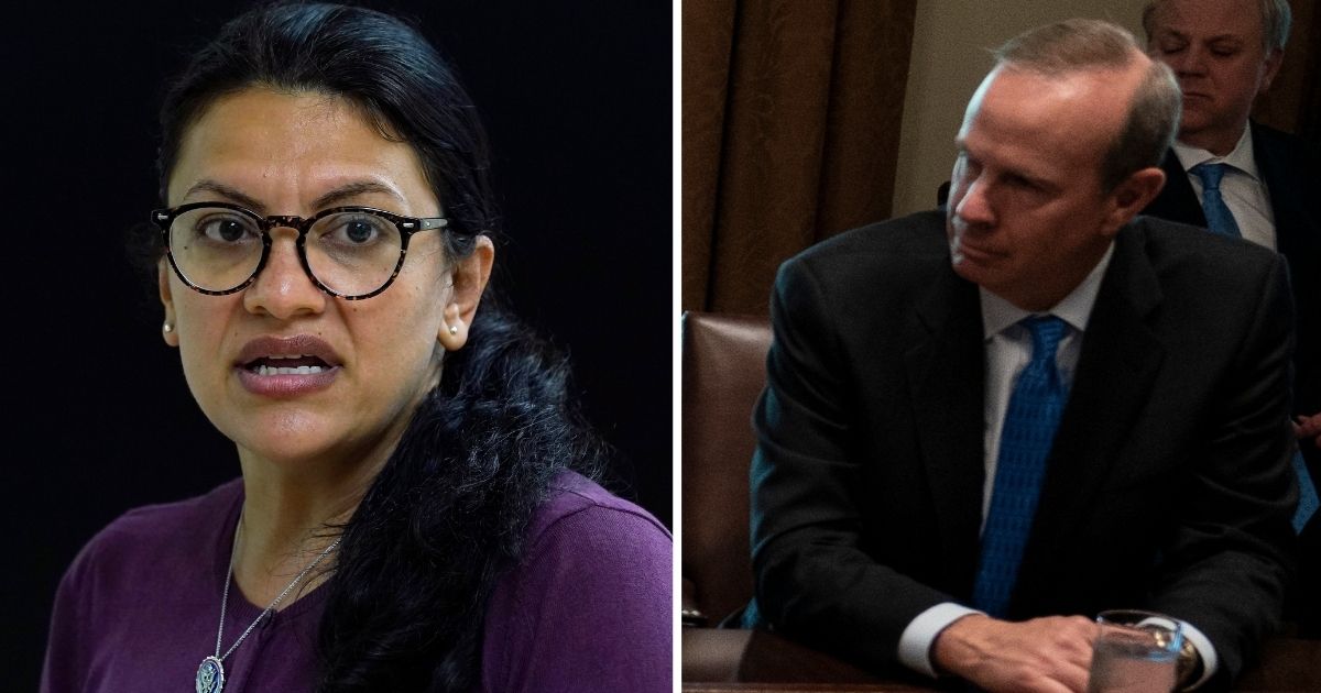 Dem. Rep. Rashida Tlaib speaks in Detroit, Michigan on July 8. Chevron CEO Mike Wirth meets with then-President Donald Trump in the White House on April 3, 2020.