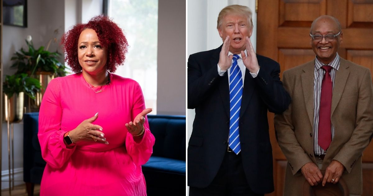 Nikole Hannah-Jones, left, has published an expanded version of her controversial essay collection '1619 Project,' but civil rights activist Robert Woodson, seen visiting with then President-elect Donald Trump in 2016, said she is just as guilty of revisionist history as those with whom she finds fault.