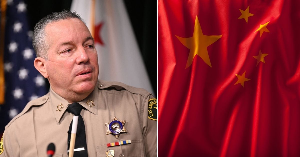 Los Angeles County Sheriff Alex Villanueva speaks at a news conference on Nov. 2 in downtown Los Angeles. The Chinese flag is seen in the stock image on the right.