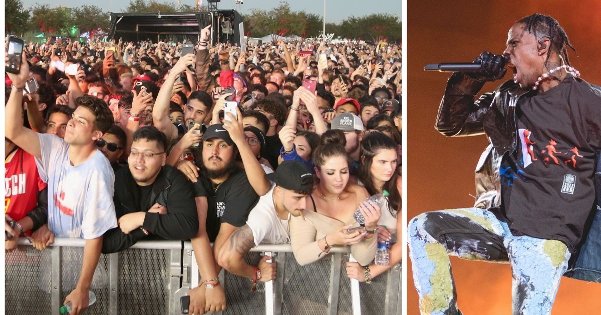 The Astroworld Festival draws tens of thousands of fans, as seen in this 2019 file photo, left. At right, Travis Scott performs onstage during Friday's concert in Houston.