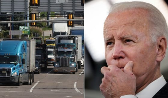 At left, semi-trailer trucks move along Lincoln Highway in Breezewood, Pennsylvania, on Oct. 14. At right, President Joe Biden speaks in the South Court Auditorium on the White House in Washington on Wednesday.