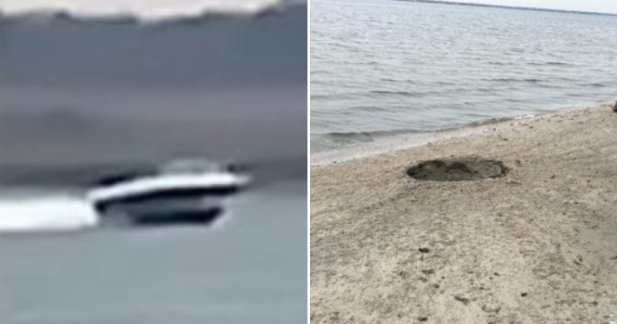 The occupants of a speedboat, left, seen after an explosion, which created a crater on the beach on Fox Island, New York, are being sought by authorities.