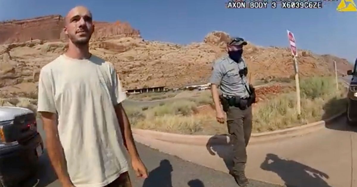 This Aug. 12 file photo from video provided by the Moab, Utah, Police Department shows Brian Laundrie talking to a police officer after police pulled over the van he was traveling in with Gabrielle "Gabby" Petito, near the entrance to Arches National Park in Utah.