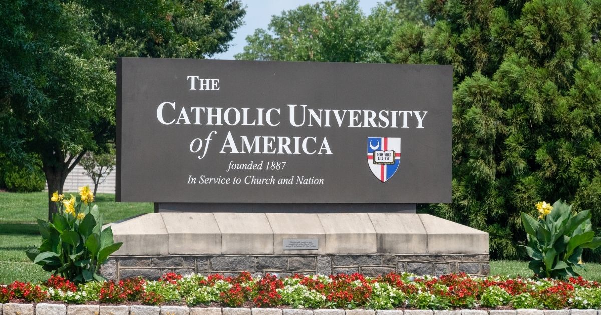 A sign is seen at the Catholic University of America in Washington, D.C.