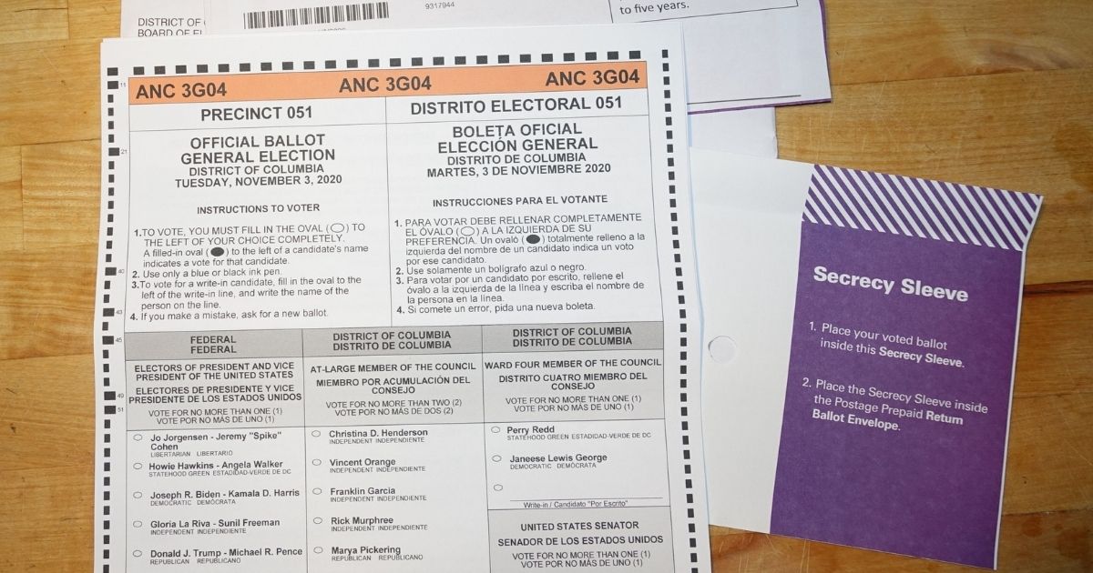 A District of Columbia mail-in ballot for the Nov. 3, 2020, presidential, congressional and local elections is seen on Oct. 12, 2020.