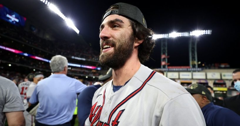 Dansby Swanson #7 of the Atlanta Braves celebrates after the team's 7-0 victory against the Houston Astros in Game Six to win the 2021 World Series at Minute Maid Park on Tuesday in Houston, Texas.