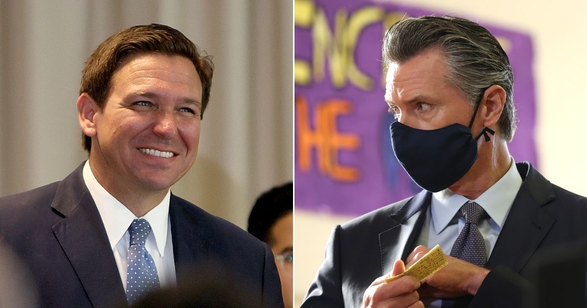At left, Florida Gov. Ron DeSantis speaks during an event at the Grand Beach Hotel Surfside in Surfside, Florida, on Aug. 10. At right, California Gov. Gavin Newsom looks on before speaking about his vaccine mandate for schoolchildren in a news conference at James Denman Middle School in San Francisco on Oct. 1.