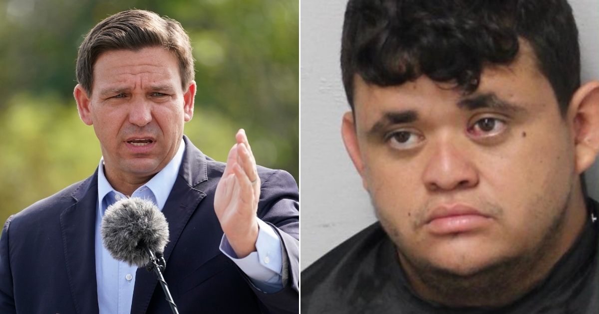 At left, Florida Gov. Ron DeSantis speaks during a news conference near the Shark Valley Visitor Center in Miami on Aug. 3. At right, Yery Medina Ulloa is accused in the stabbing death of Francisco Javier Cuellar.