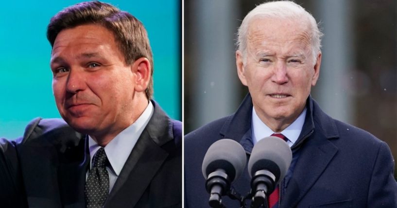 Florida Republican Gov. Ron DeSantis, left, has spent the last several months criticizing and feuding with President Joe Biden, right, over his vaccine mandate.