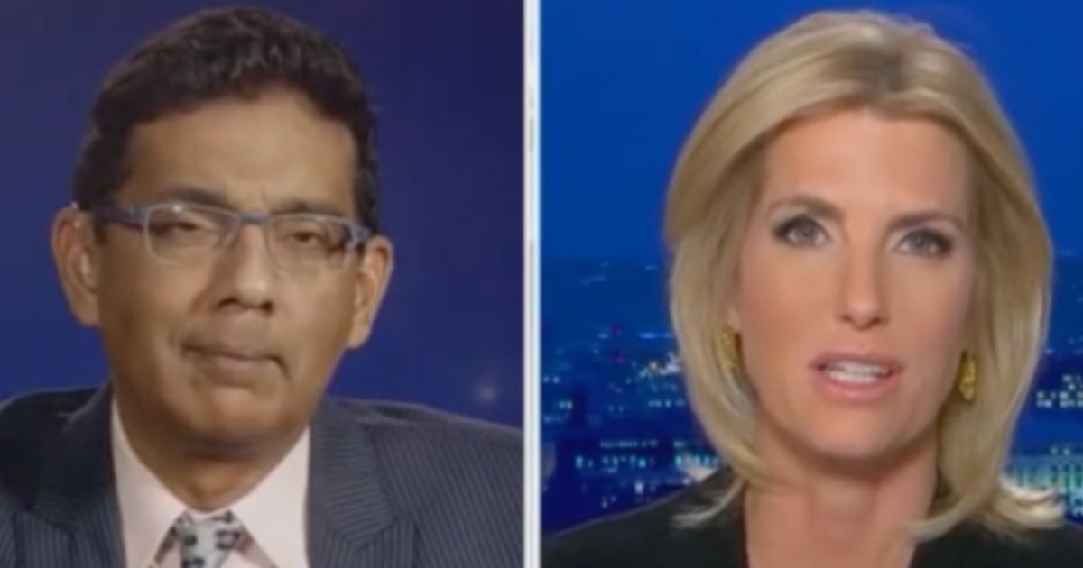 Political commentator Dinesh D'Souza, left, appears on the Fox News show "The Ingraham Angle" hosted by Laura Ingraham, right, to discuss the Christmas parade massacre in Waukesha, Wisconsin, and the media's response to it.